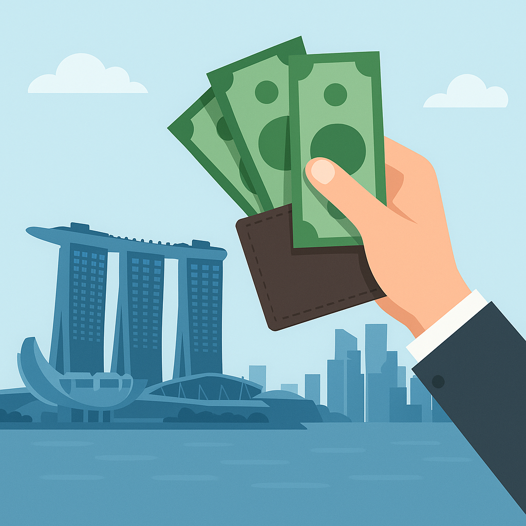 Illustration of allowance and payments in Singapore sugar dating, showing lifestyle balance with Marina Bay Sands skyline in the background