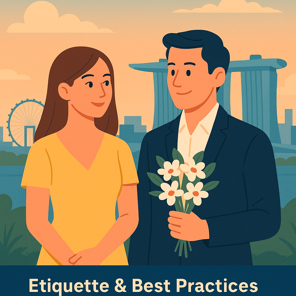 Illustration of polite sugar dating etiquette in Singapore, showing two silhouettes at a café table with Marina Bay Sands skyline in the background