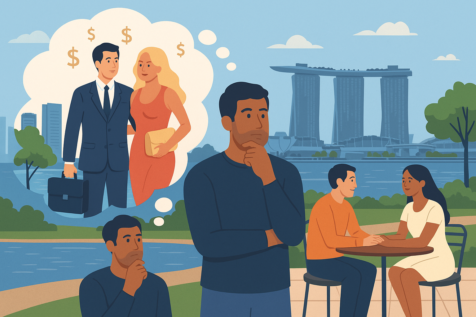 Illustration comparing expectations and reality of sugar dating in Singapore, with Marina Bay Sands skyline and thought bubbles showing fantasy versus genuine connection