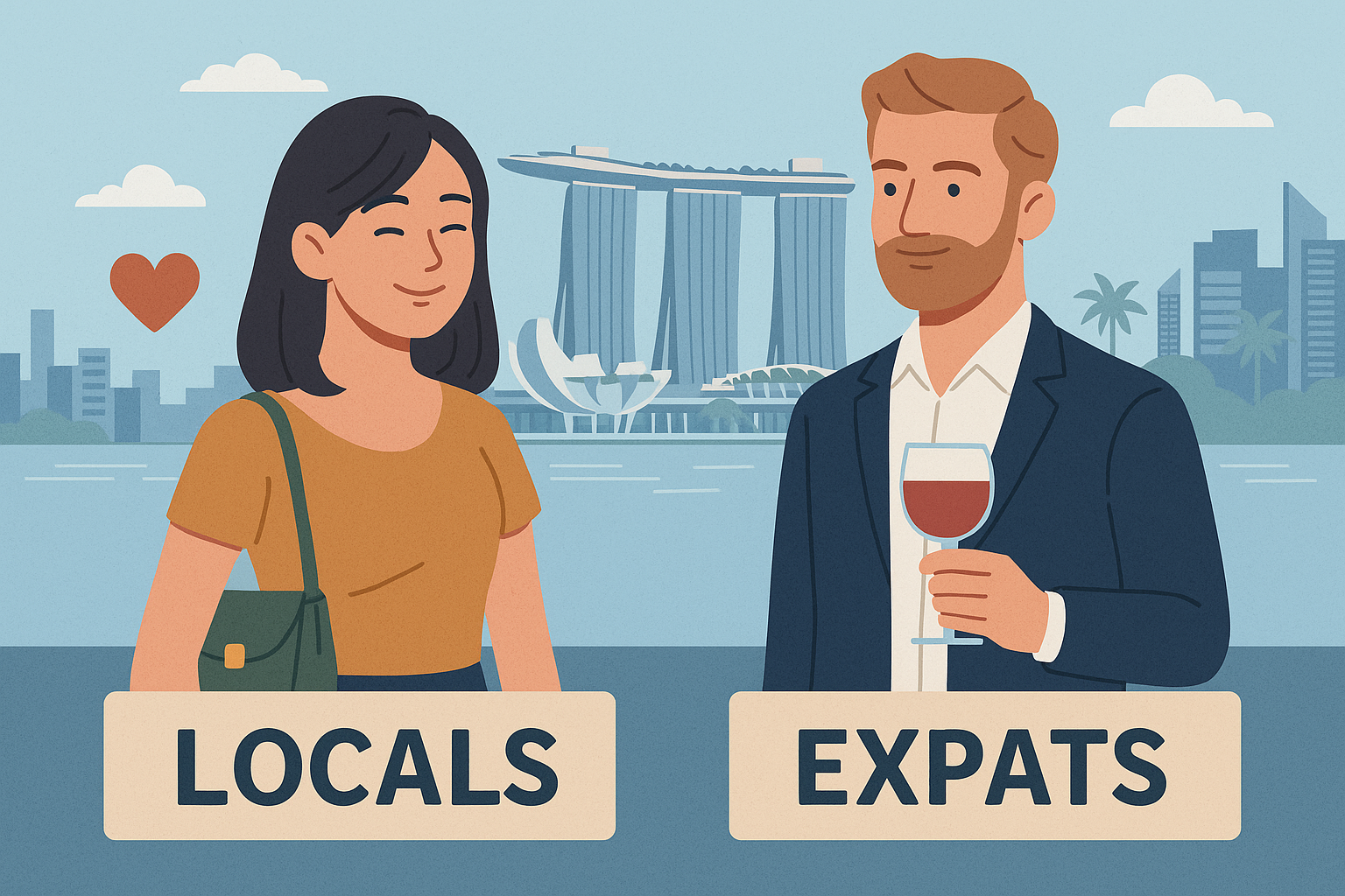 Illustration of Singapore sugar dating market showing locals and expats with Marina Bay Sands skyline in the background
