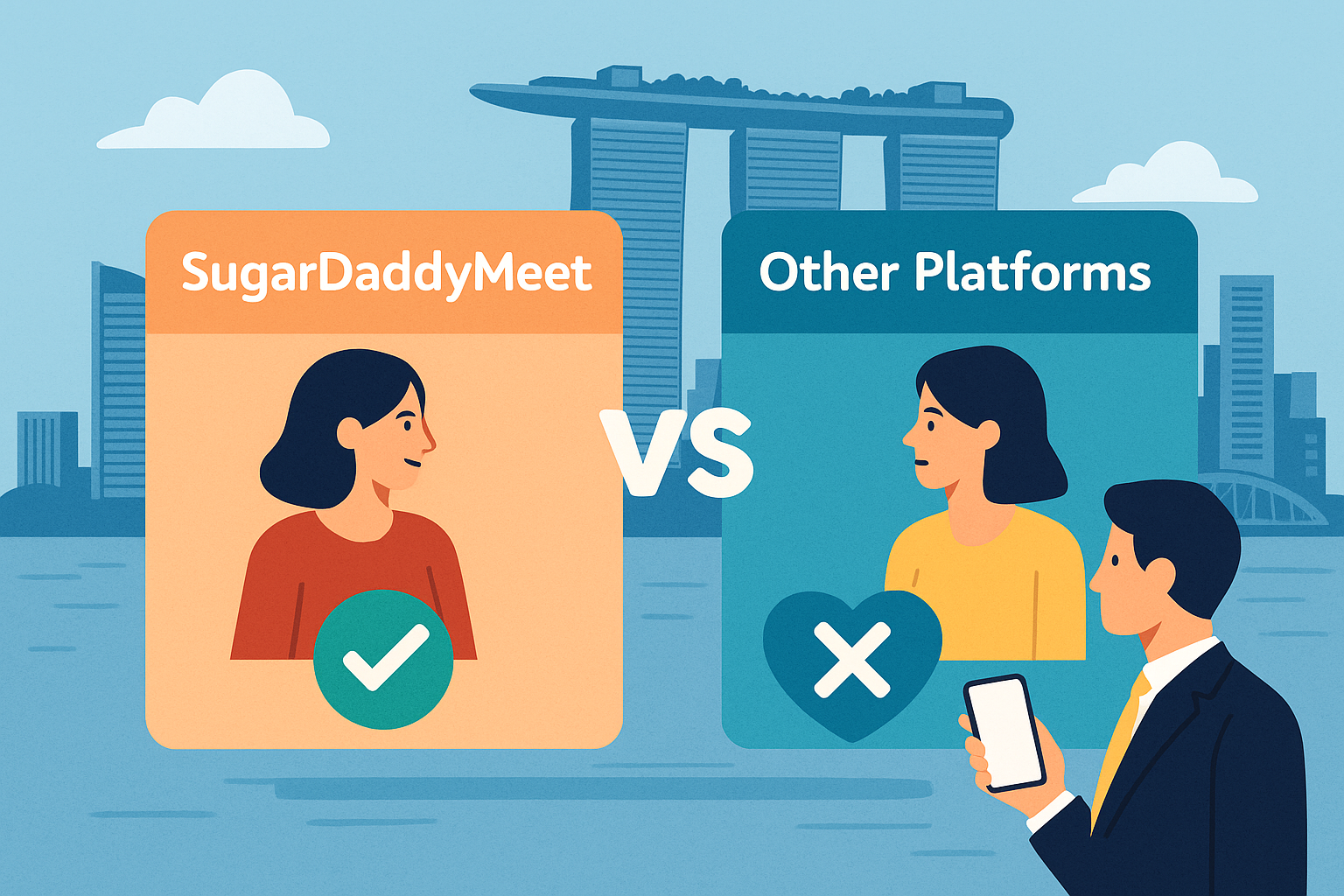 Illustration comparing SugarDaddyMeet with other platforms in Singapore, featuring Marina Bay Sands skyline and two contrasting silhouettes