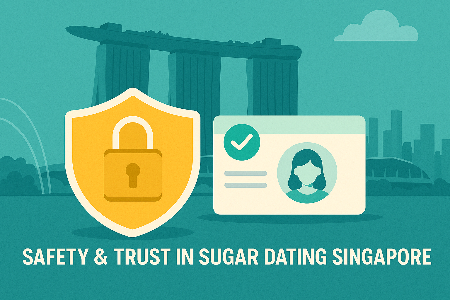 Flat illustration showing safety and trust in sugar dating, with Singapore skyline and Marina Bay Sands, featuring shield, lock, and verification icons