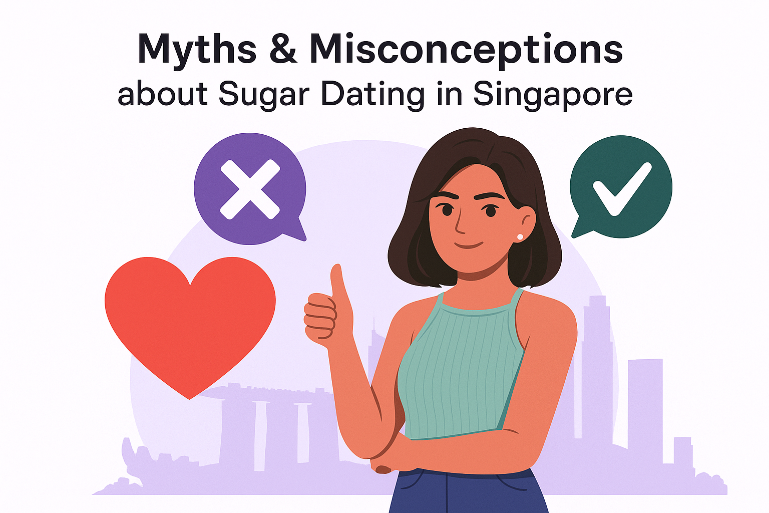 Illustration showing myths versus reality in sugar dating in Singapore, with Marina Bay Sands skyline and thought bubbles representing stereotypes and genuine trust